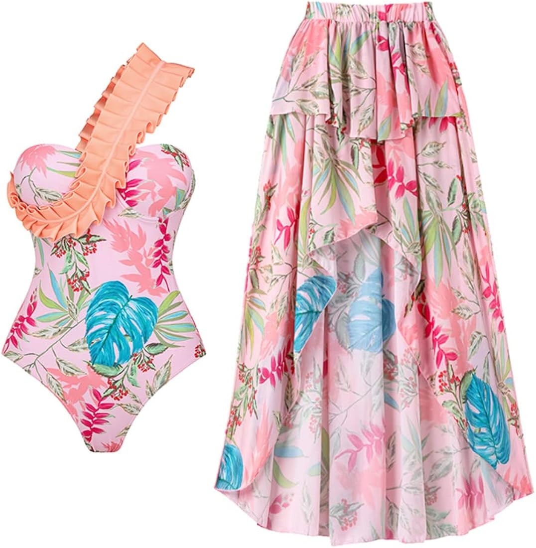 IMEKIS Women Floral Print Beach Swimsuit with Maxi Skirt Bikini Sets Swimwear Skirt Summer Holida... | Amazon (US)