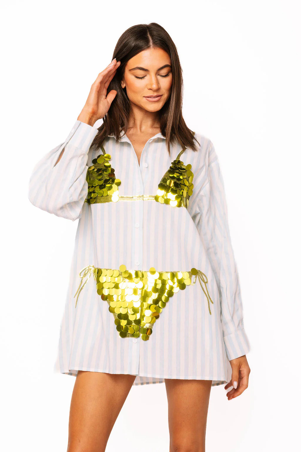 Blue & White Stripe Cotton Button Up With Gold Bikini Tunic | Queen of Sparkles