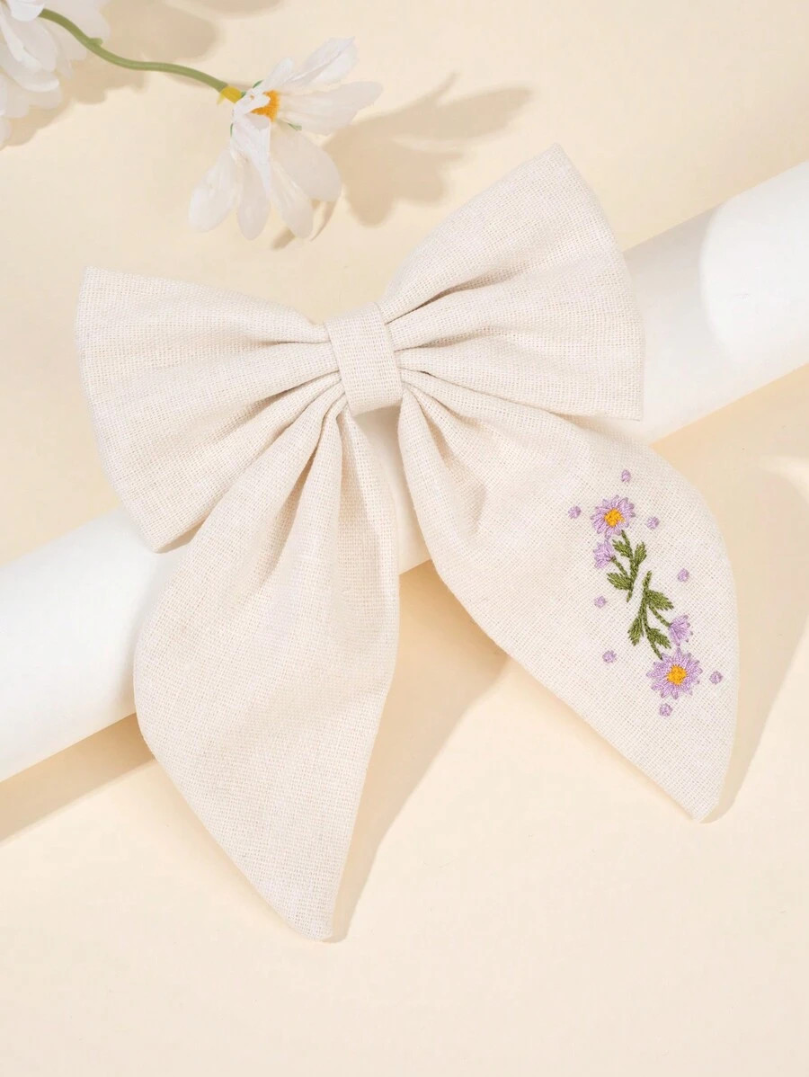 1pc Embroidery Flower Hair Bow Clip With Two Tails For Teens,Casual Vintage Fabric Hairpin For Gi... | SHEIN
