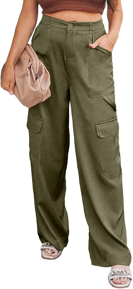 luvamia 2023 Cargo Pants Women Baggy High Waisted Wide Leg Trousers with Pockets Casual Elastic W... | Amazon (US)