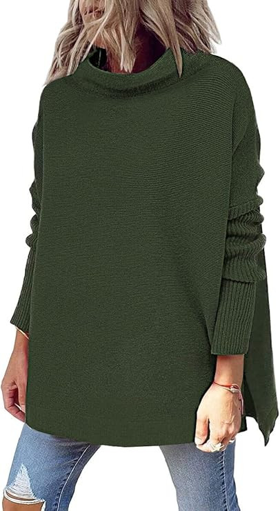 LILLUSORY Women's Mock Turtleneck Casual Oversized Sweater Long Batwing Sleeve Split Hem Ribbed K... | Amazon (US)