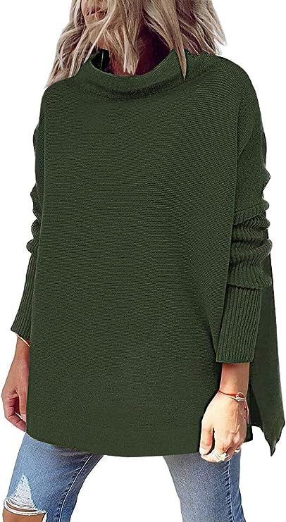 LILLUSORY Women's Mock Turtleneck Casual Oversized Sweater Long Batwing Sleeve Split Hem Ribbed K... | Amazon (US)