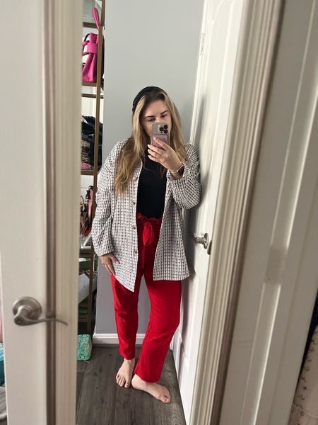 Fall Work Outfit 

How to style company shirt 

Fall business casual outfit, red pants, tweed shacket, tweed jacket, headband, braided headband 

#LTKSeasonal #LTKmidsize #LTKworkwear