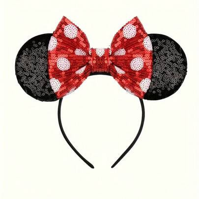 Disney Minnie Mouse Ears Headband With Red Polka Dot Sequin Bow - Adorable Anime Theme Hair Accessory, Nylon Material, Handwash, Suitable For Theme Pa | SHEIN