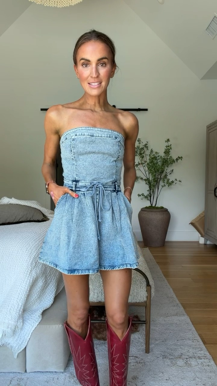 Absolutely obsessed with this denim romper + red boot combo! 😍 use code LAURENKAY35 for 35% off 🫶🏼