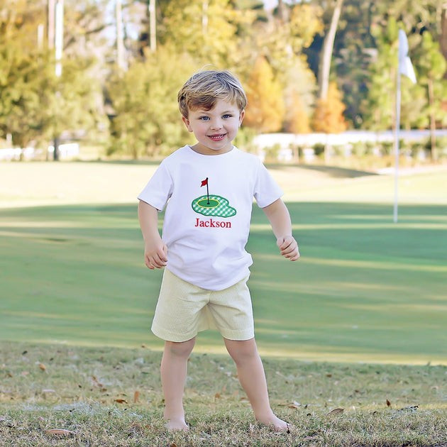 Golf Pin Applique Short Set Yellow Seersucker | Classic Whimsy