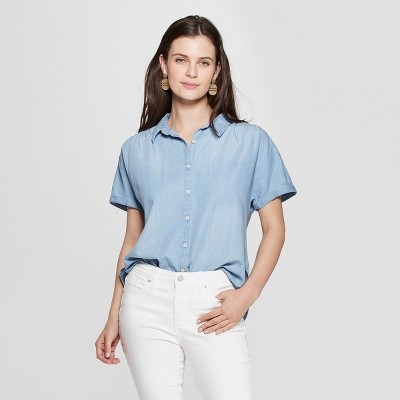 Women's Short Sleeve Collared Denim Camp Shirt - Universal Thread™ Light Wash | Target