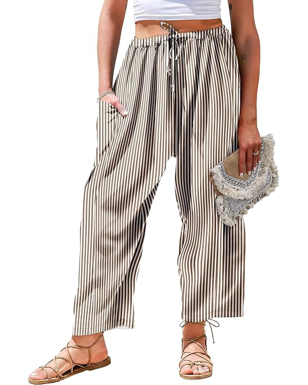 KISSMODA Womens Wide Leg Pants Casual Drawstring Low Waist Loose Beach Palazzo Harem Pants with P... | Amazon (US)