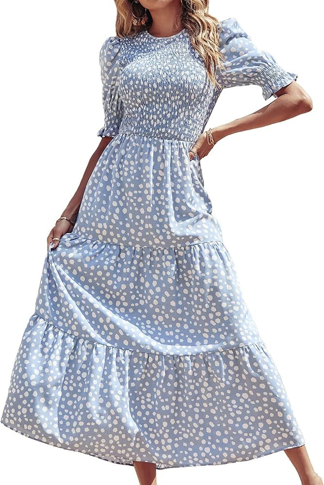 BTFBM Women Casual Summer Dresses 2023 Spring Crew Neck Ruffle Short Sleeve Floral Leopard Smocke... | Amazon (US)