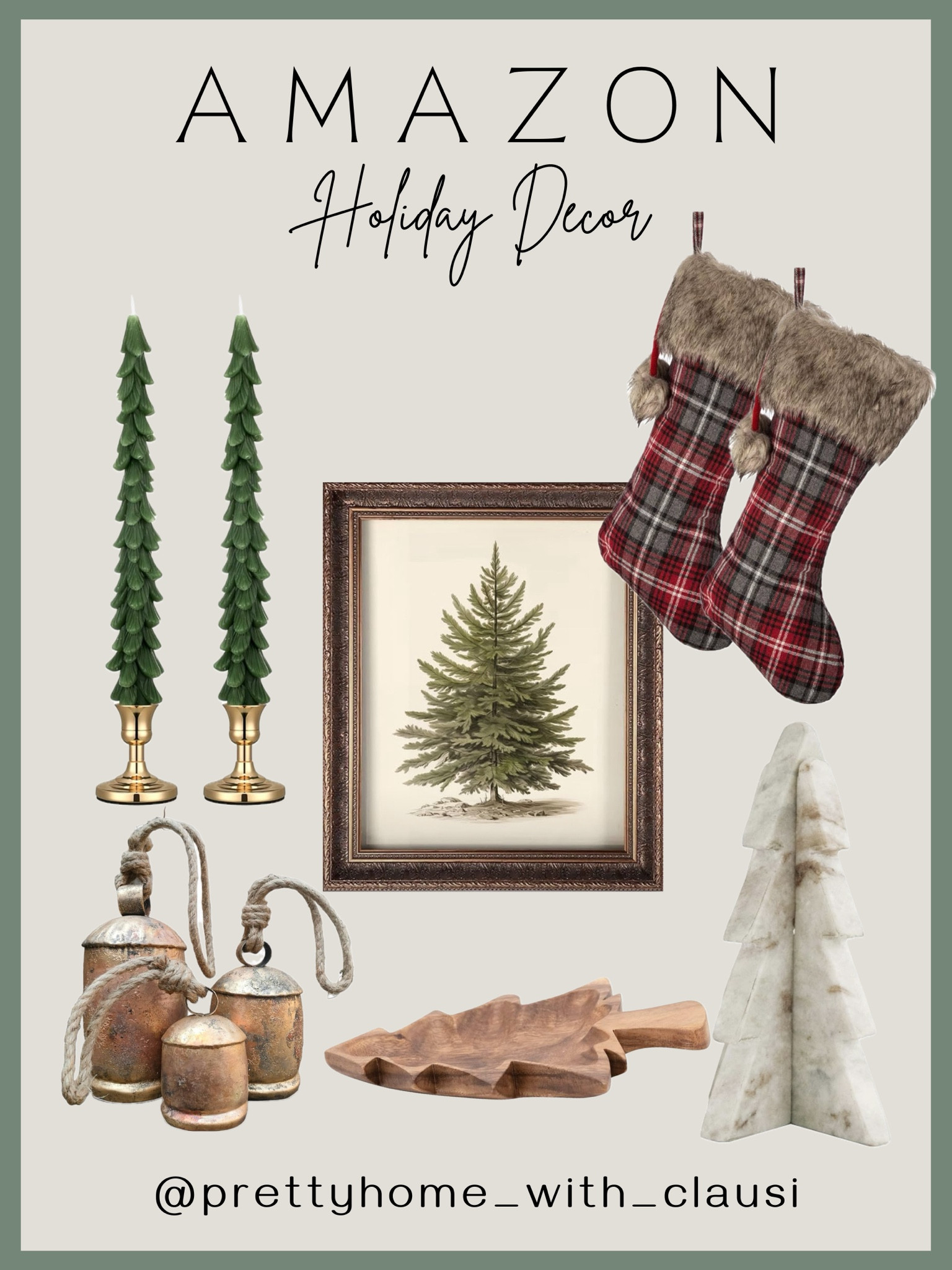 All the Christmas decor you need.
Plaid Christmas stockings.
Festive taper candles.
Frameless taper candles.
Rustic bells.
Marble Christmas tree.
Wooden Christmas tree serving tray.
Vintage Christmas wall art print.


#LTKHoliday #LTKHome #LTKSeasonal