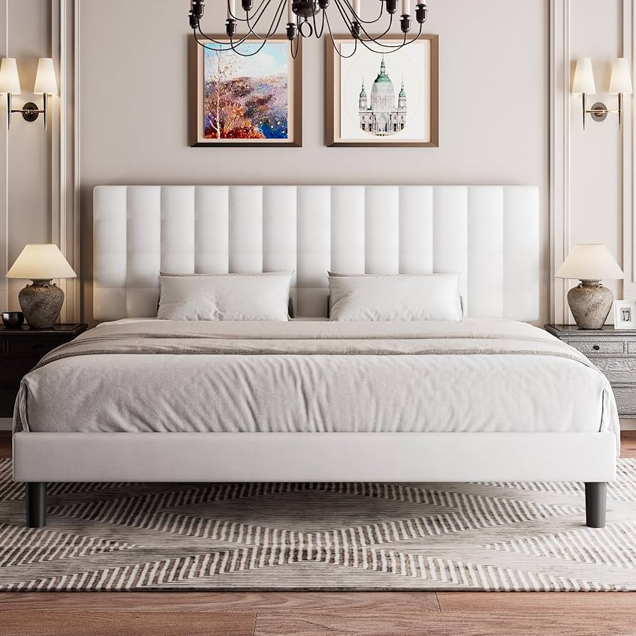 Feonase King Size Bed Frame with Square Stitched Headboard, Faux Leather Upholstered Platform Bed... | Amazon (US)