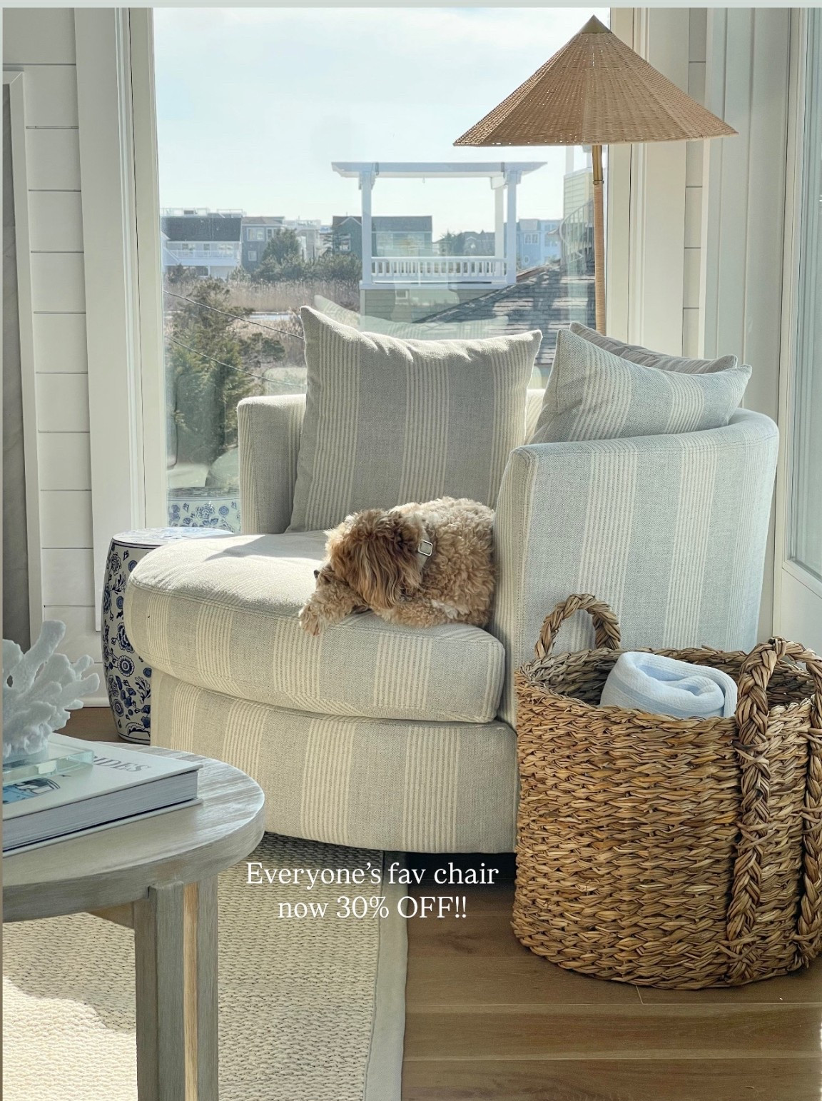 Now 30% OFF!! The best purchase for the beach house hands down is this oversized swivel chair!! Super comfortable, and the cream stripe color is just gorgeous in person!! Highly recommend!! 🤍

#LTKSaleAlert #LTKHome #LTKSpringSale