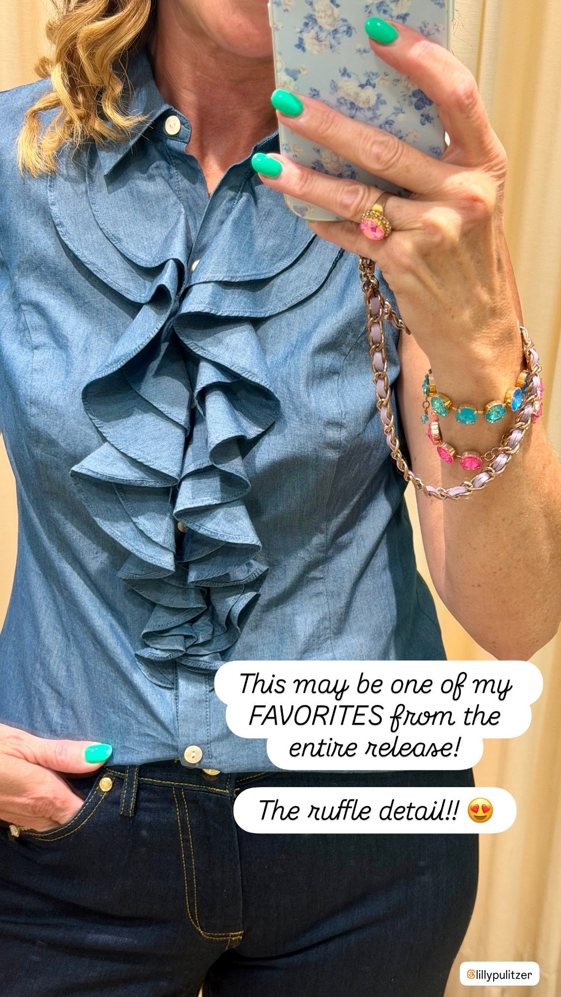 Ruffle top 

This ruffle top may be one of my FAVORITE pieces from the new Lilly Pulitzer fall release! I fell in love with it the minute I tried it on. 

Wearing size 2 in the top,

#LillyPulitzer #LillyStyle #LillyPulitzerStyle #DayToNight #FallStyle #FallFashion #PreppyStyle #ColorfulStyle

Lilly Pulitzer fall 2026, Lilly Pulitzer new arrivals, Lilly Pulitzer fall release, Lilly Pulitzer try on, Lilly Pulitzer outfit ideas, Lilly Pulitzer styling, colorful fall outfits, preppy fall fashion, transitional fall outfit, fall resort wear, blue fall outfit, day to night outfit, women’s fall fashion, colorful style over 50, fall date night outfit, fall work outfit, denim outfit, ruffle blouse,

#LTKSeasonal #LTKOver40 #LTKootd