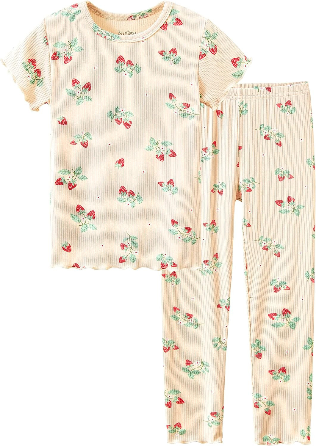Beezizac Toddler & Little Girls Pajamas Ditsy Floral/Strawberry Tee & Pants PJ Set Size 2T- 10 | Amazon (US)