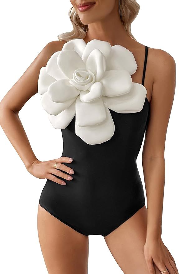 SPORLIKE Women One Piece Swimsuit 3D Flower One Shoulder Bathing Suit Padded Monokini | Amazon (US)