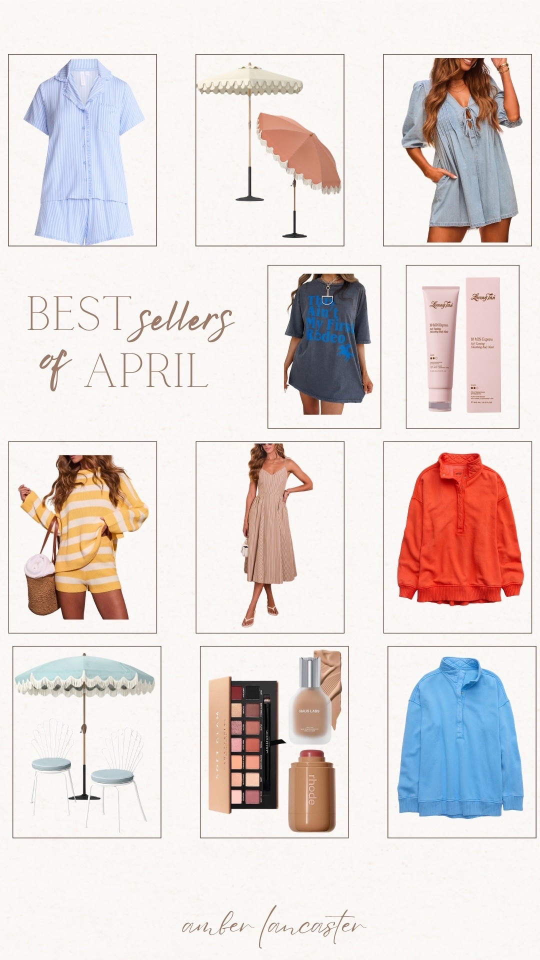 April best sellers ✨ | 
best sellers, most loved, monthly favorites, most favorited this month, best sellers april, target outdoors, outdoor furniture, target home, aerie sweater, aerie oh snap, vici, vici dress, self tan, walmart pajamas women, eye shadow pallet, haus labs foundation, foundation, makeup, rhode blush, blush, anastasia pallet, matching set, summer matching set, graphic tee shirt, country graphic tee shirt.