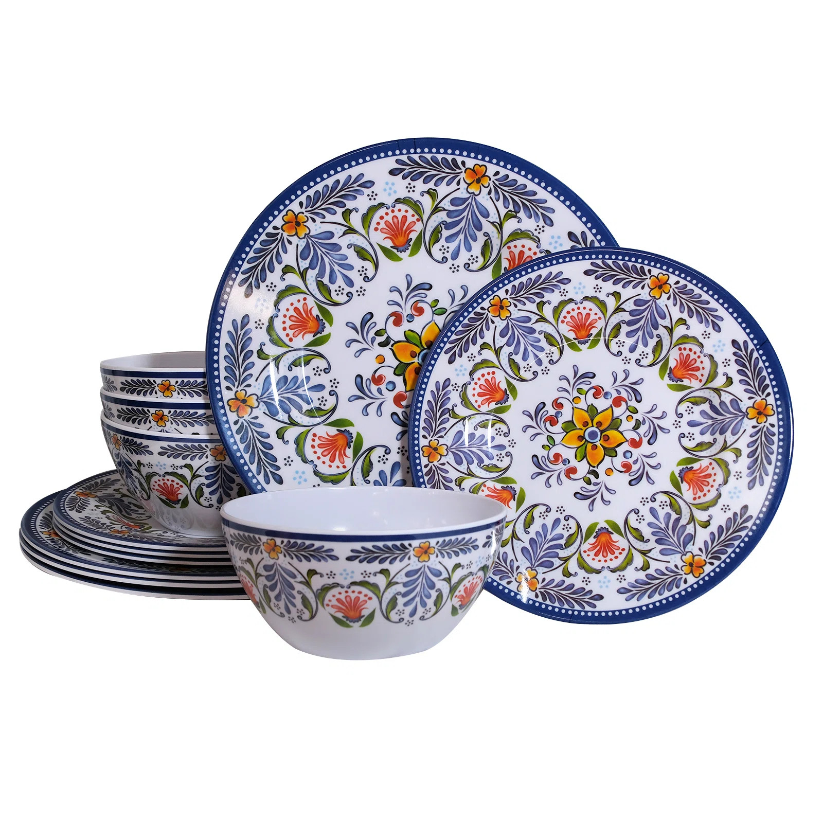 Melamine Dinnerware Set 12-Piece for 4 Dish Set Plates Bowls Unbreakable Dishware for Indoor Outd... | Wayfair North America