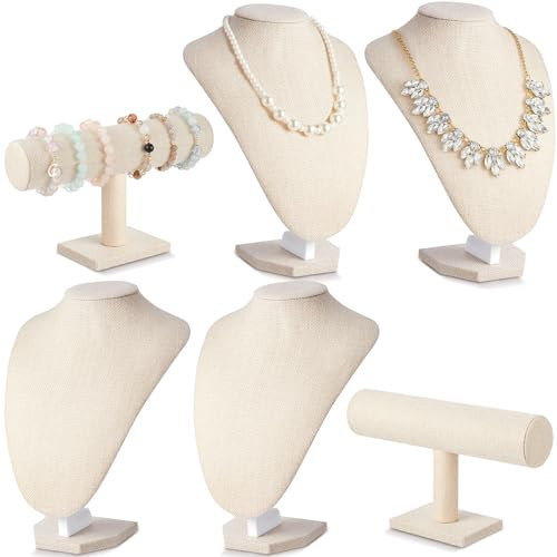 Huquary 6 Pcs Jewelry Display Set Necklace Display Stand T Bar Bracelet Holder Jewelry Bust for Home Store Trade Show(Linen) | Amazon (US)