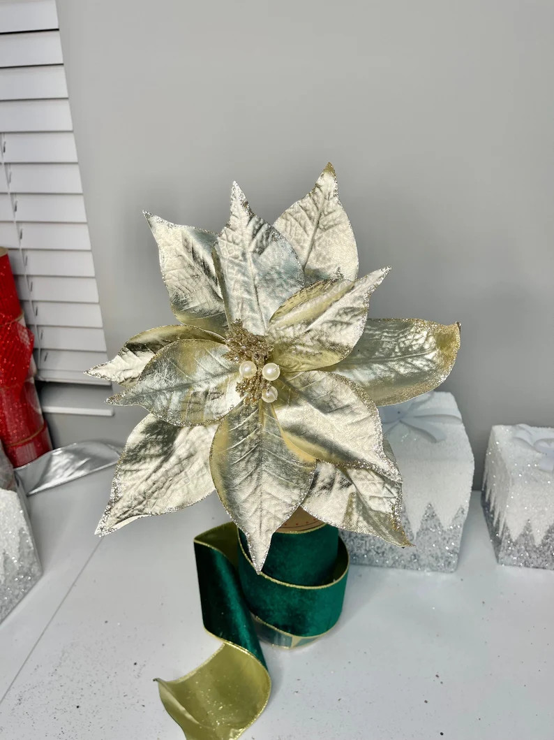 Metallic Champagne Pearl Poinsettia Christmas Stem Spray 13'' Set of 3 - Etsy | Etsy (US)