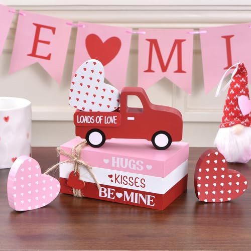 Valentine’s Day Decoration for Home, 7PCs Wooden Decorative Book Stack Set with Truck & Hearts, Rustic Valentines Table Centerpiece, Pink Red White Tiered Tray Decor for Shelf Office (red pink white) | Amazon (US)