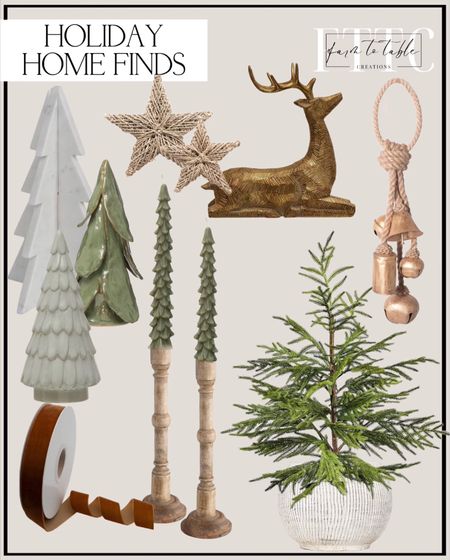 Holiday Home Finds. Follow @farmtotablecreations on Instagram for more inspiration. Creative Co-Op Unscented Tree Shaped Taper Candles, Evergreen, Boxed Set Of 2. Afloral Artificial Norfolk Pine Tree - 36" Creative Co-Op Decorative Metal Bells in Various Shapes on Jute Rope Hanger Wall Hanging, Gold, Christmas. Creative Co-Op Hand-Carved Mango Wood Taper Holder, 16.5", Natural. Creative Co-Op Distressed Cream Terracotta Planter with Fluted Texture. Creative Co-Op Handmade Stoneware Tree, Mint, Reactive Glaze Finish. Copper Velvet Ribbon Single Sided. Creative Co-Op Interlocking Marble Tree. Resin Sitting Deer, Gold Finish. Hand-Woven Seagrass Star Ornaments, Natural, Set of 2. Amazon Home Finds. Christmas Decor. 

#LTKfindsunder50 #LTKhome #LTKHoliday