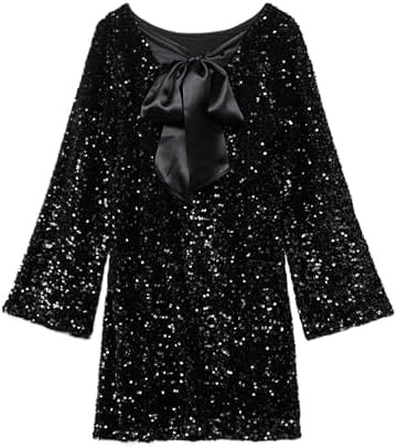 Women Bow Sparkly Dresses Backless Glitter Mini Dress Long Sleeve Sequin Dress Open Back Cocktail... | Amazon (US)