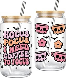 GSPY Halloween Hocus Pocus Iced Coffee Glass Cups, 16oz Halloween Cute Can Shaped Glass Cups with... | Amazon (US)
