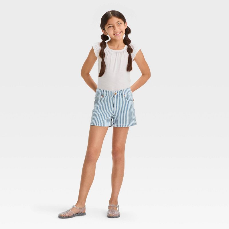 Girls' Mid-Rise Wide Striped Jean Shorts - Cat & Jack™ Blue/White L | Target