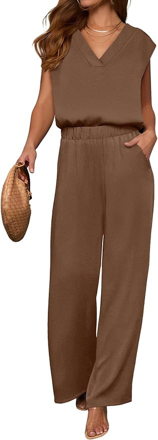 ANRABESS Women Summer 2 Piece Outfits, V-Neck Top and Wide Leg Pants Set, Comfy All-Day Wear for ... | Amazon (US)