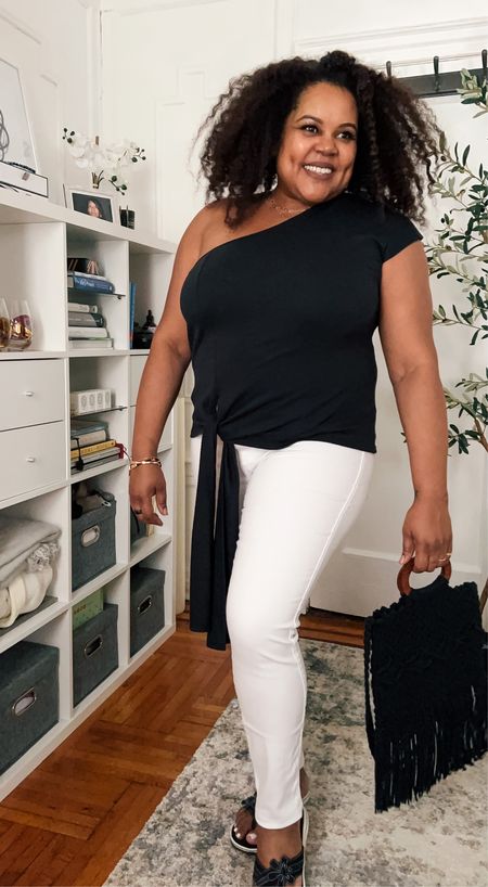 Early fall outfit. One-shoulder top by TEREA and white, skinny jeans by Guess. Denim is stretchy and ultra comfy. Both available on Amazon. #BlackOwned #FoundItOnAmazon #AmazonFashion 

#LTKunder100 #LTKcurves #LTKstyletip