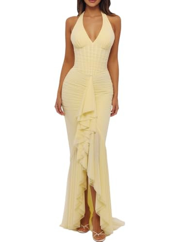 Lemon Mesh Silhouette Maxi Dress V-Neck Neckline Home Coming Dress with Center Split | Amazon (US)