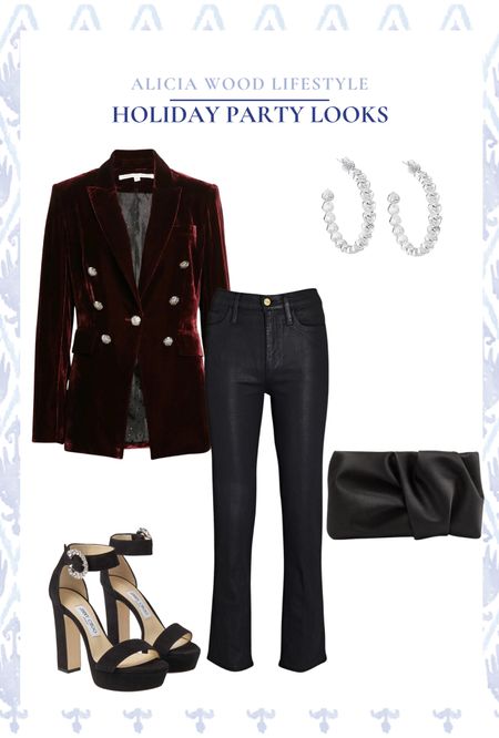 Holiday party look: Veronica Beard Velvet blazer, black coated crop flare jeans, black Jimmy Choo heels, Black Clutch, silver diamond hoops.

#LTKshoecrush #LTKHoliday #LTKSeasonal