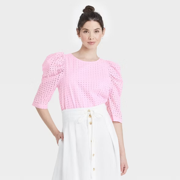 Women's Elbow Sleeve Eyelet Top - A New Day™ | Target