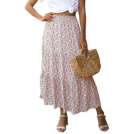 Summer Women s High Waist Boho Floral Print Pleated Maxi Skirt Casual Flowy Swing A Line Chiffon Tra | Walmart (US)