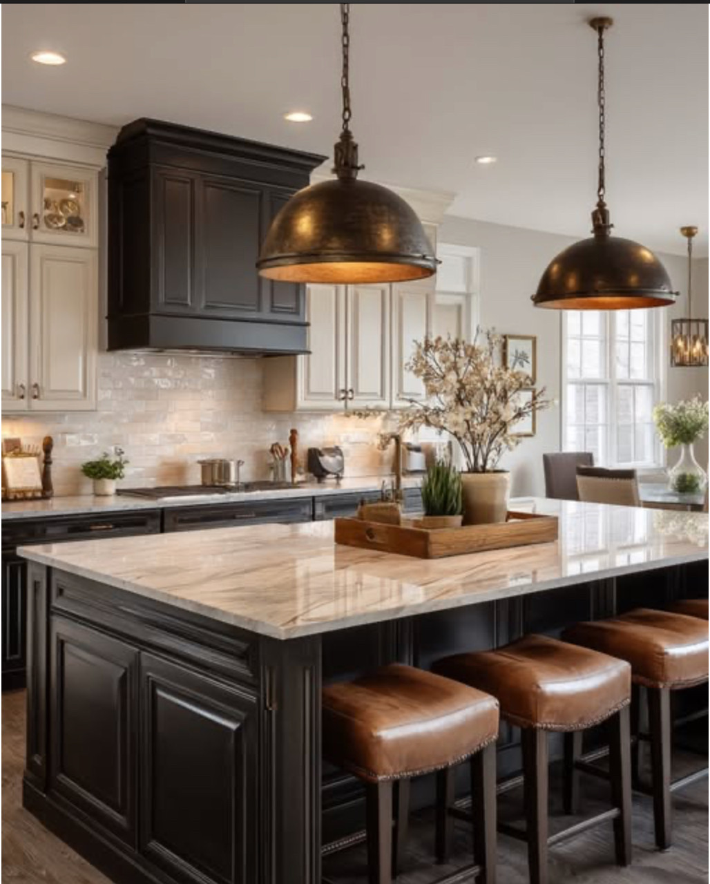 This kitchen is the perfect blend of bold and cozy 🖤 Warm leather stools, black cabinetry, and those stunning pendant lights bring all the character. Add in a simple wood tray and a few organic touches, and you've got an effortlessly elevated space.

#KitchenInspo #BlackKitchenCabinets #WarmNeutralHome #KitchenIslandDecor #RusticKitchenVibes #TransitionalStyle #LTKHome #KitchenStyling #InteriorGoals #KitchenDesignIdeas #LeatherStools #KitchenLighting #DarkCabinetTrend
 

 #LTKHome