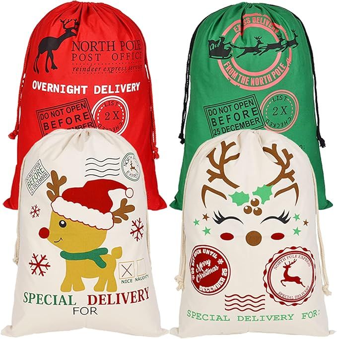 PIXHOTUL 4 Pack Santa Sacks Cotton Christmas Bag Large Drawstring Christmas Sacks 27.5" x 19.5" (... | Amazon (US)