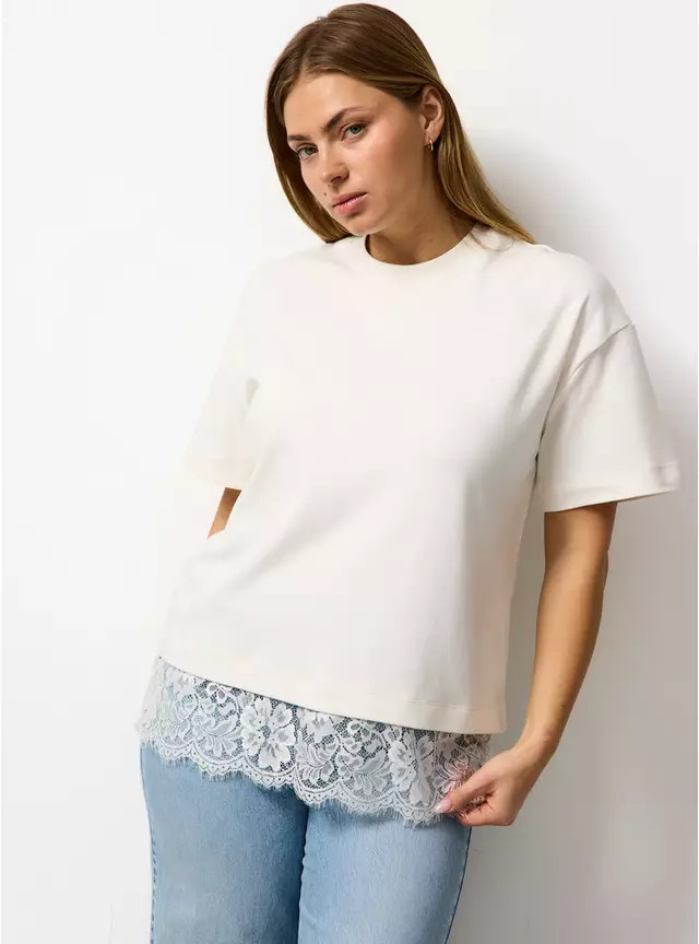 Cream Oversized Lace Hem Short Sleeve Top M | Tu Clothing