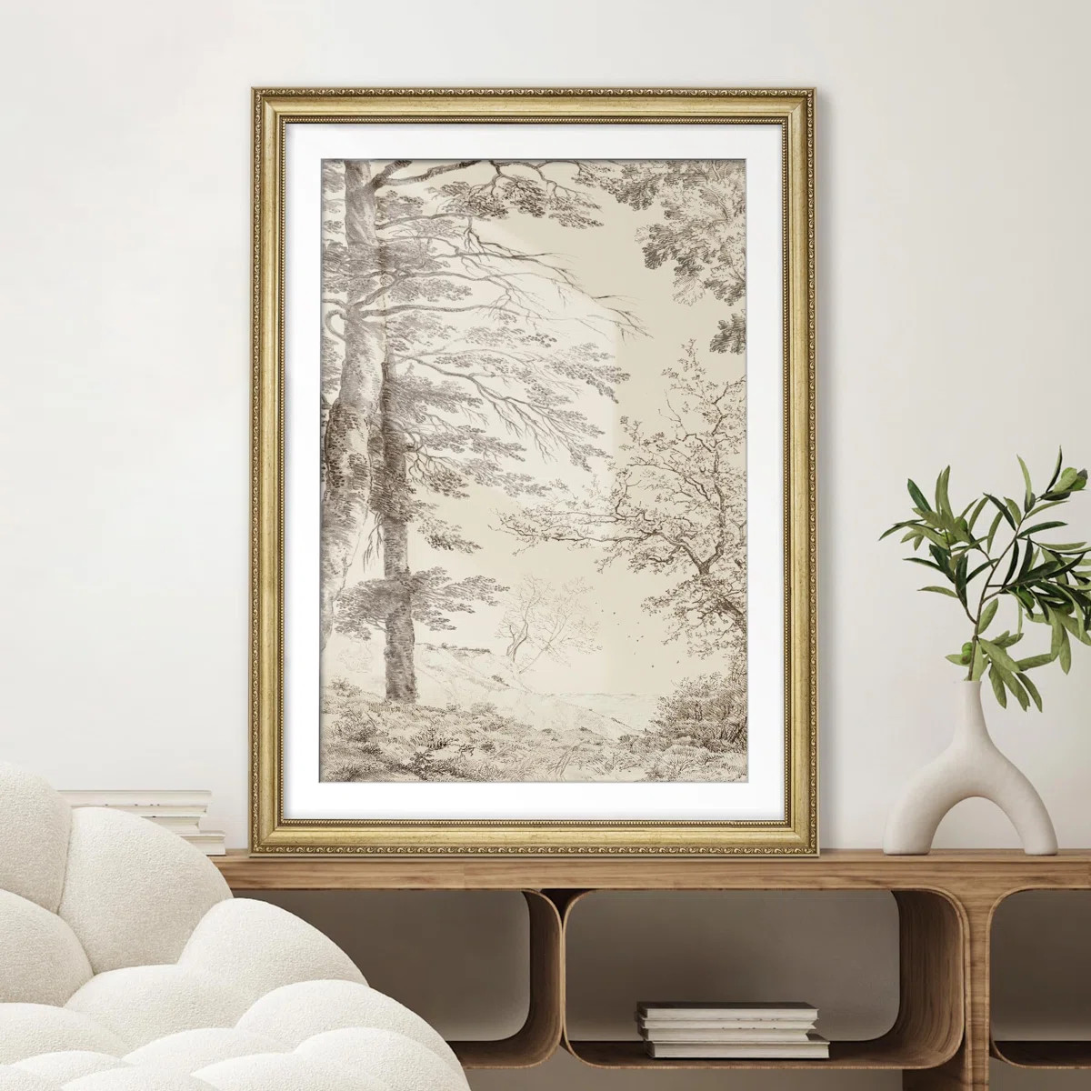 Antique Tree Sketch Detailed Pencil Drawing of Forest Scene Gold Framed Wall Art Decoration | Wayfair North America