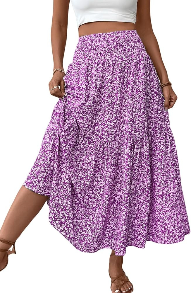 Women's Smocked High Waist Maxi Skirt Casual Boho Long Skirts with Pockets | Amazon (US)