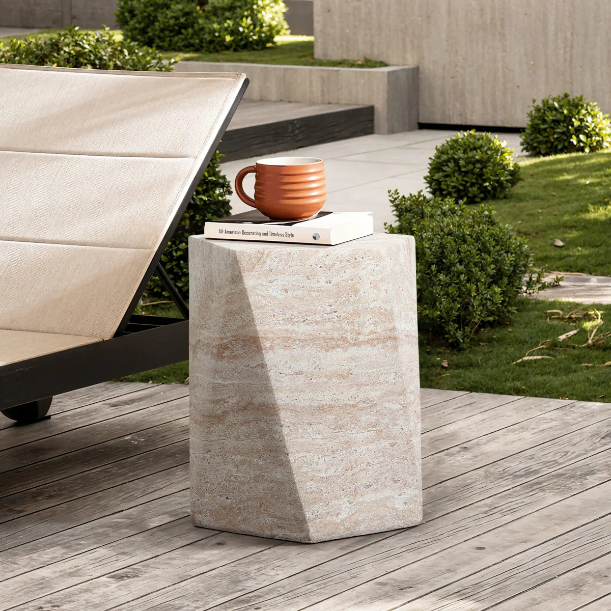 Faux Travertine MgO Patio Side Table, Sculptural Outdoor Accent Table | Wayfair North America