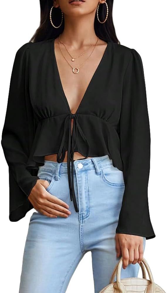 Verdusa Women's Bell Sleeve Tie Front Ruffle Hem Peplum Blouse Shirt Crop Top | Amazon (US)