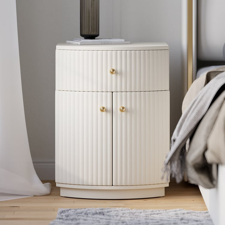 Modern Barrel White Fluted Nightstand in Faux Leather with Storage | Homary | Homary