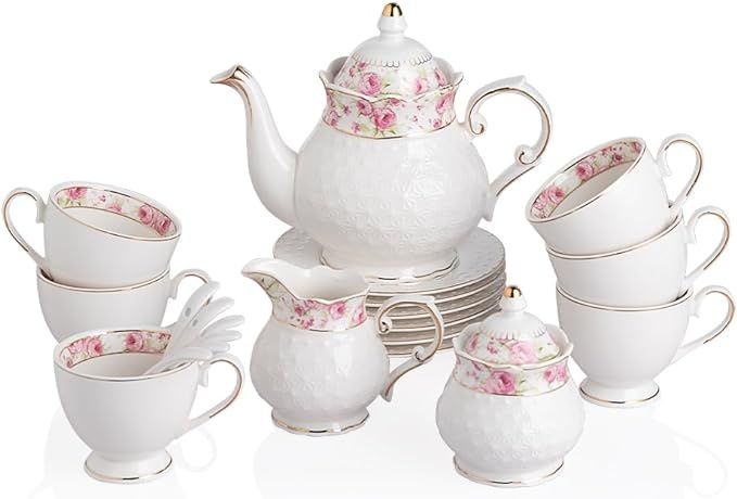 Sweejar 21 Piece Porcelain Tea Set, Vintage British Floral Relief Gold Rimmed Teapot Cup and Sauc... | Amazon (US)