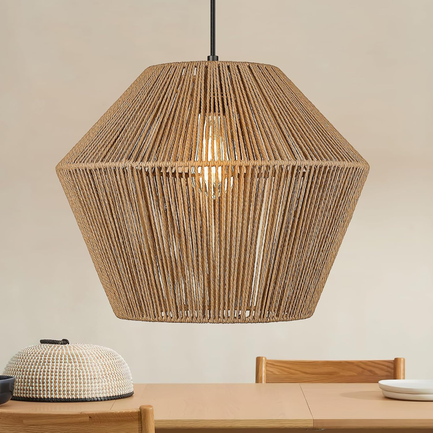 17” Woven Pendant Light, Modern Boho Chandelier Handwoven Rattan Basket Shade, Rustic Pendant L... | Amazon (US)