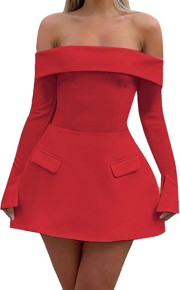 Women Sexy Mini Dress Off Shoulder Long Sleeve A Line Dress Short Formal Dresses Party Clubwear | Amazon (US)