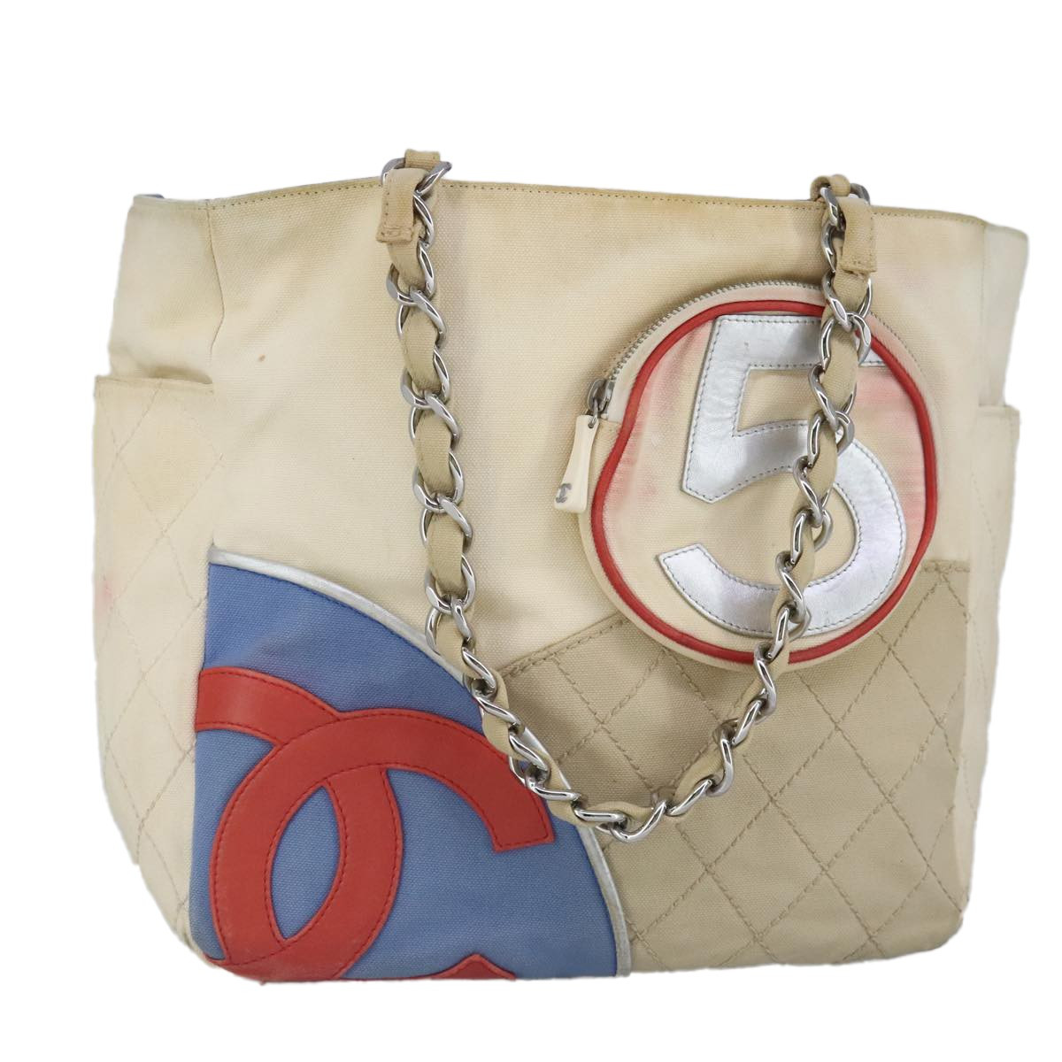 Authenticity GuaranteeCHANEL Chain Tote Bag No5 Canvas White Silver CC Auth 98422 | eBay US