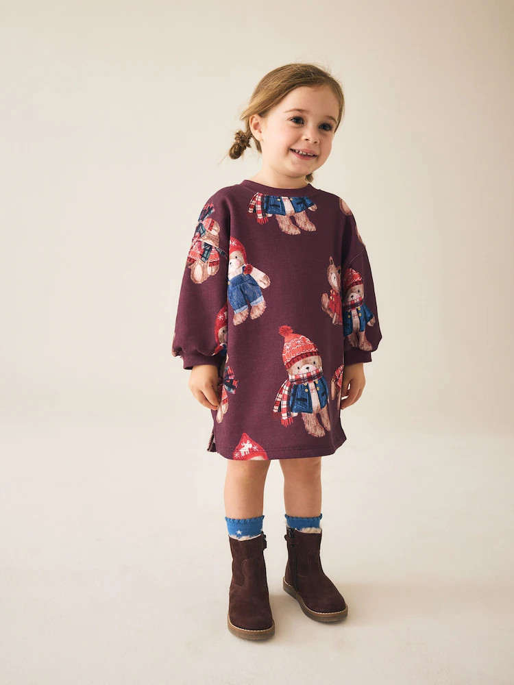 Burgundy Red Bear Long Sleeve Sweat Dress (3mths-7yrs) | Next US