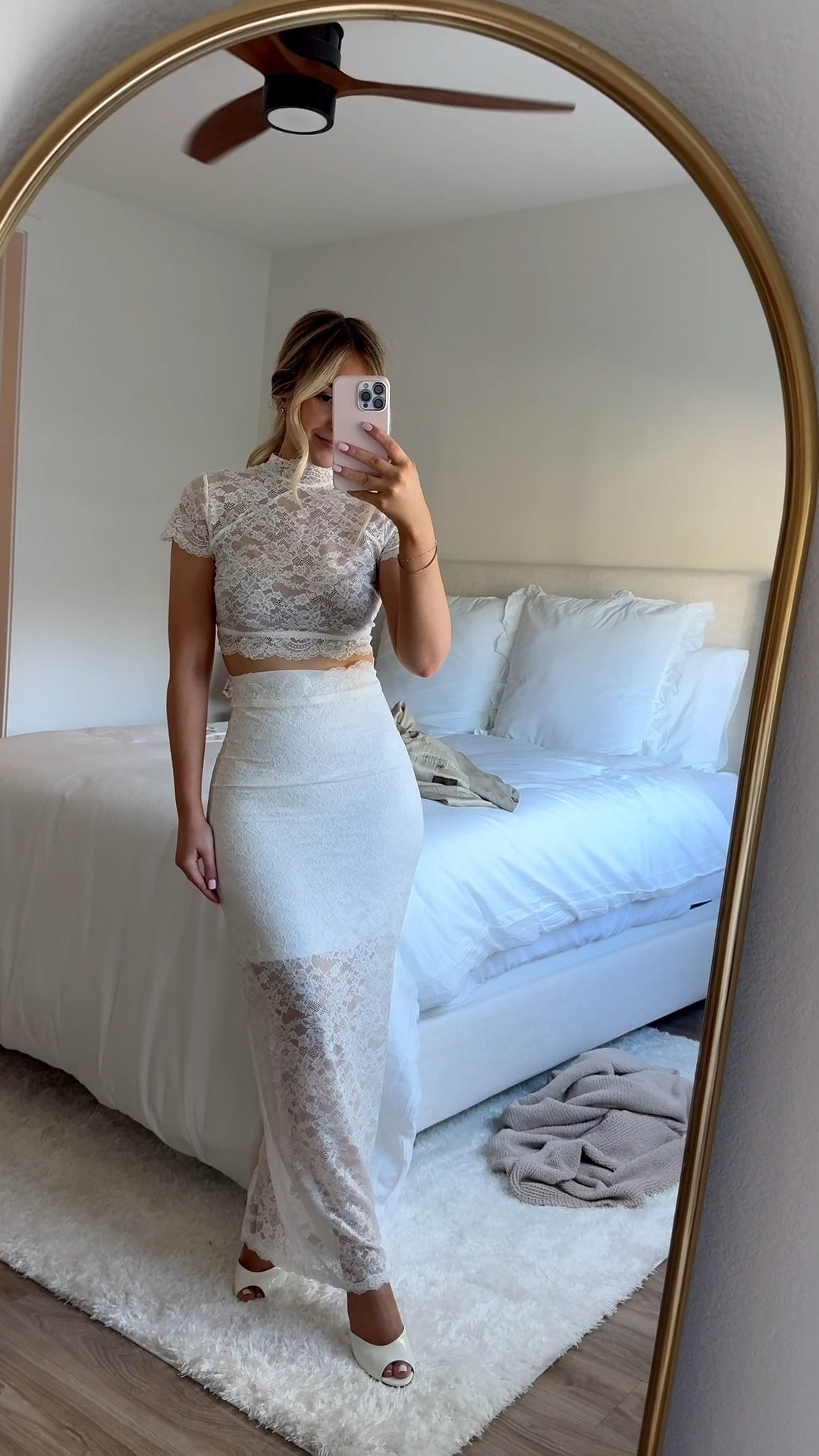 the prettiest white lace set for brides!! 🤍 

bridal set | brides | bridal | white lace set | SYRN | steve madden priya heels | white heels | bridal outfit | 2026 bride | bachelorette party | bachelorette outfit | bridal luncheon | bridal shower | bride style | bridal fashion 