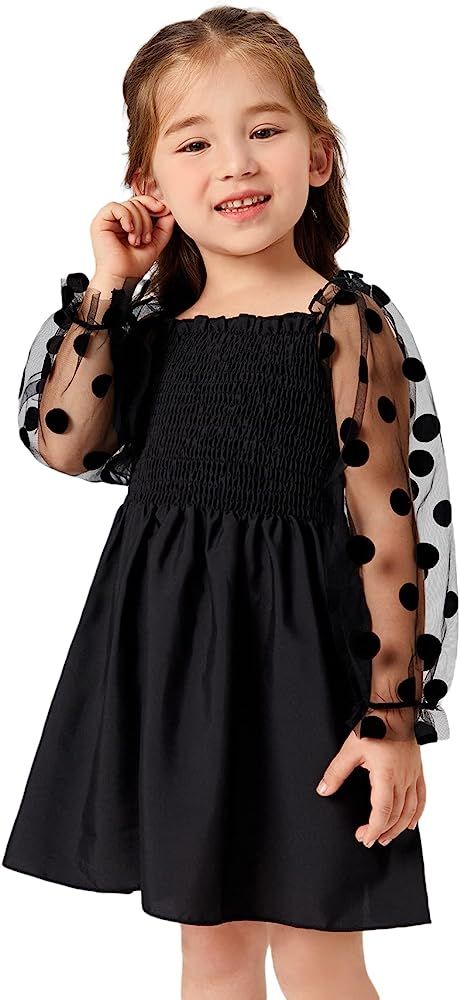 WDIRARA Toddler Girl's Polka Dots Mesh Flounce Long Sleeve Flared Shirred Dress | Amazon (US)