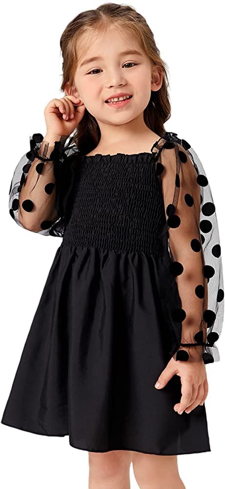 WDIRARA Toddler Girl's Polka Dots Mesh Flounce Long Sleeve Flared Shirred Dress | Amazon (US)